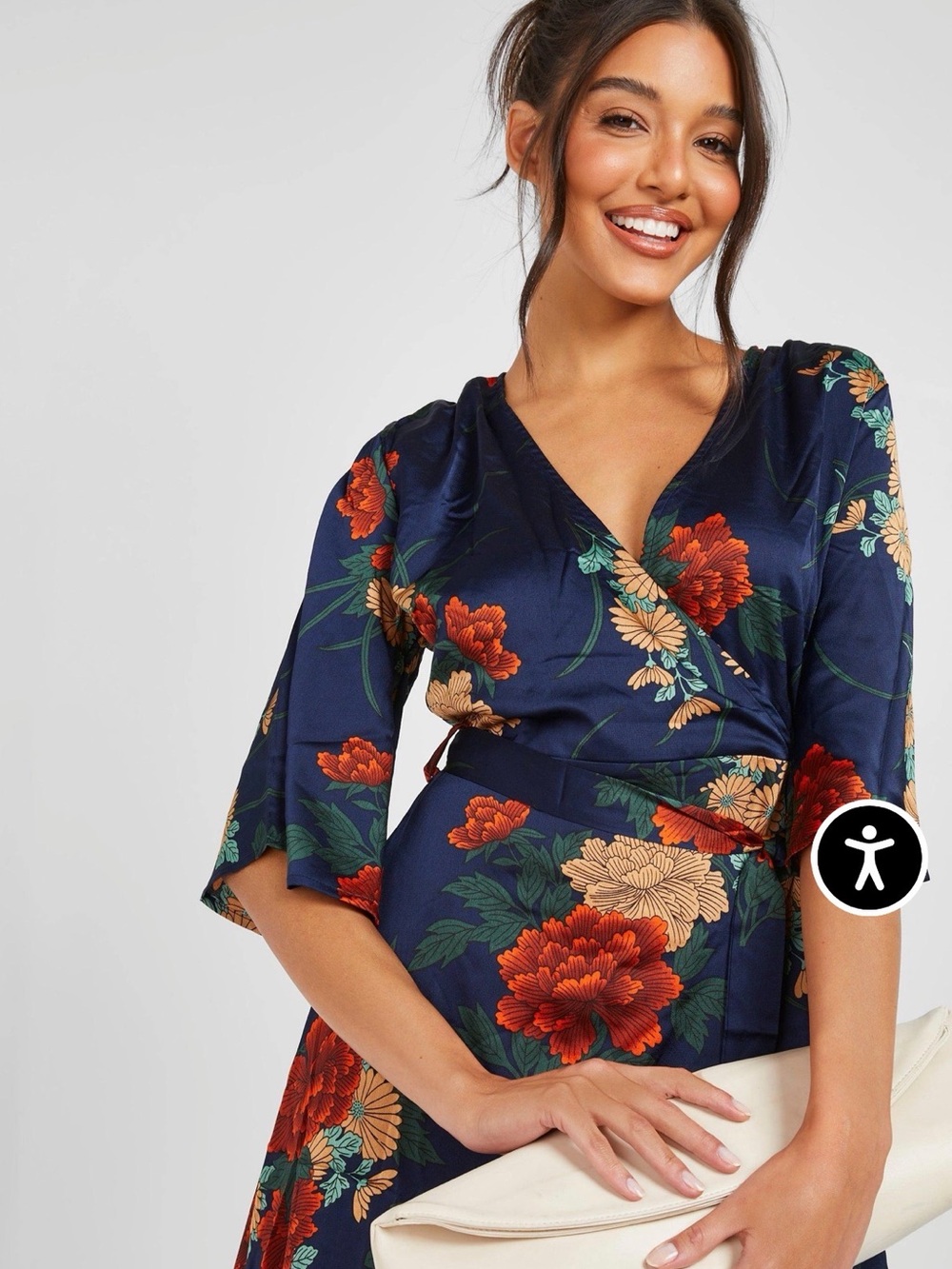 Boohoo Navy Floral Wrap Dress with Red & Beige Blooms - Picture 4 of 14